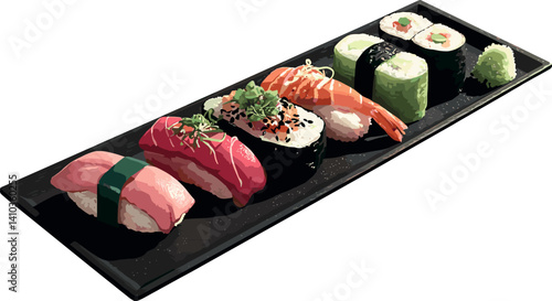 Vector illustration of sushi variety on a sleek black serving tray. Includes shrimp, maki, and nigiri with garnish. Elegant and traditional Japanese meal setup