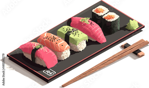 Vector illustration of assorted sushi on a black rectangular tray with wooden chopsticks. Clean, colorful and elegant Japanese food presentation