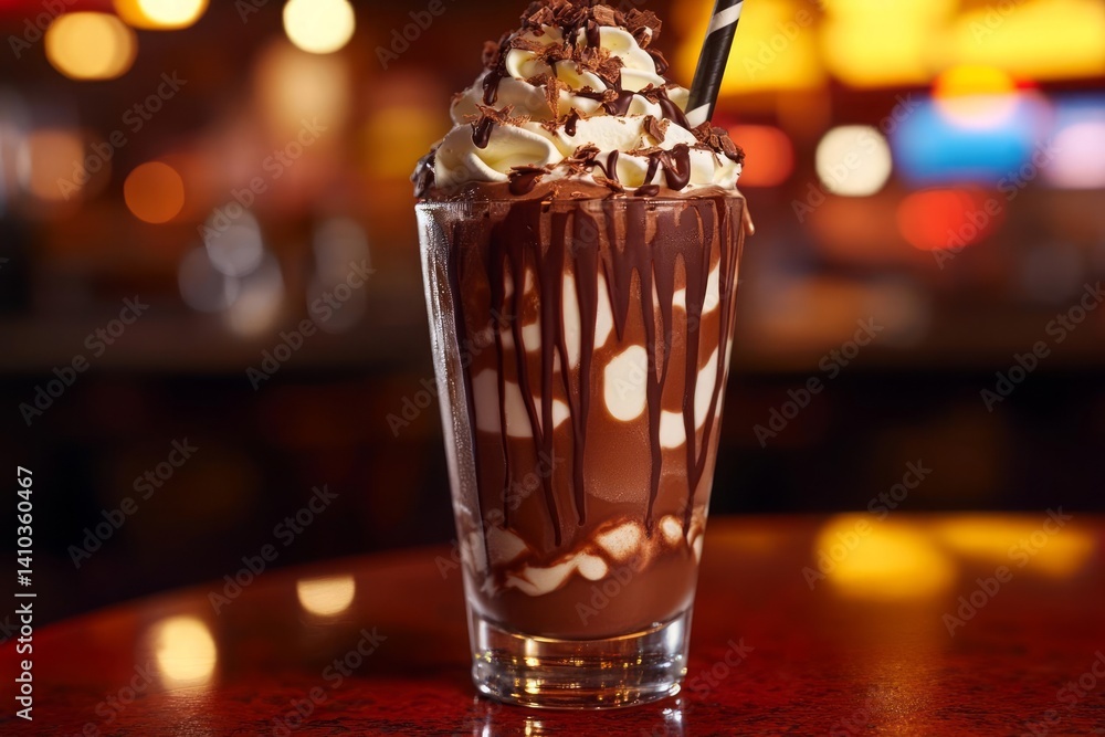 Chocolate milkshake in a glass, topped with whipped cream, chocolate shavings, and chocolate syrup drizzled on the side. It's on a red table, with a blurred bar background Chocolate milkshake in a glass, topped with whipped cream, chocolate shavings, and chocolate syrup drizzled on the side. It's on a red table, with a blurred bar background