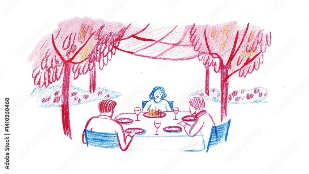 friends sharing a meal outdoors under trees