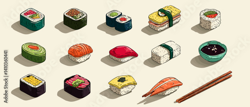 Vector illustration of assorted sushi with dipping bowl and chopsticks. Colorful rolls and nigiri arranged on clean background in stylized composition