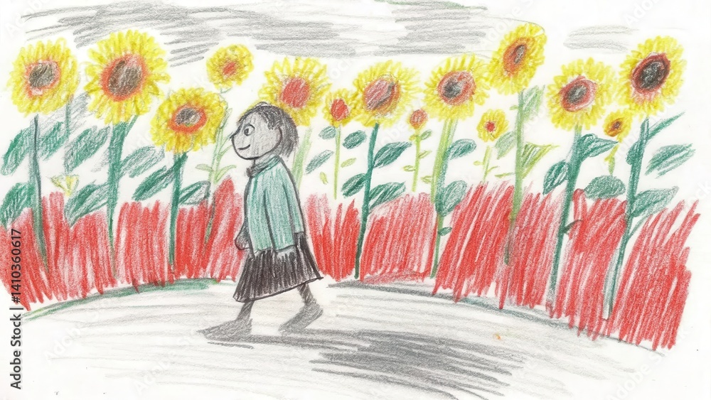 Person walking joyfully through a sunflower field