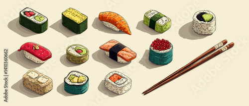 Vector illustration of assorted sushi with chopsticks on a light background. Clean composition featuring various maki and nigiri pieces in vibrant style