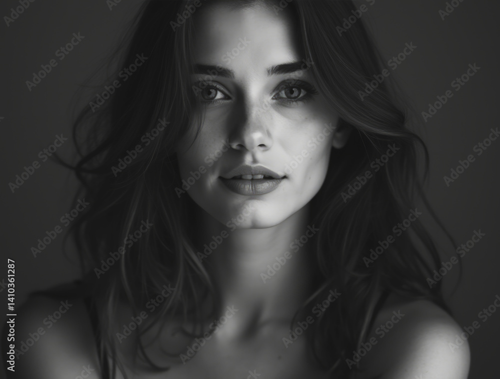 Serene Black and White Portrait of a Woman with Soft Flowing Hair - Effortless Grace Serene Black and White Portrait of a Woman with Soft Flowing Hair - Effortless Grace