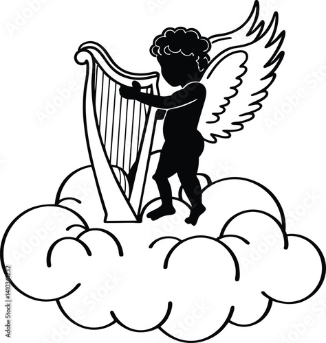 Vector illustration of a cartoon angel with wings plays a harp, a musical instrument