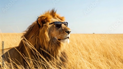 A majestic male lion with a full mane is lying down in tall, dry grass, sporting a pair of cool black sunglasses and looking off to the side
