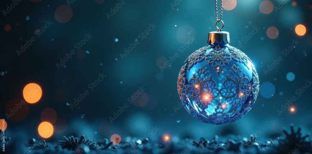 Fototapeta premium Blue-hued glass and metal Christmas tree ornament with intricate patterns and shapes suspended in mid-air, decorative shapes, metallic ornament