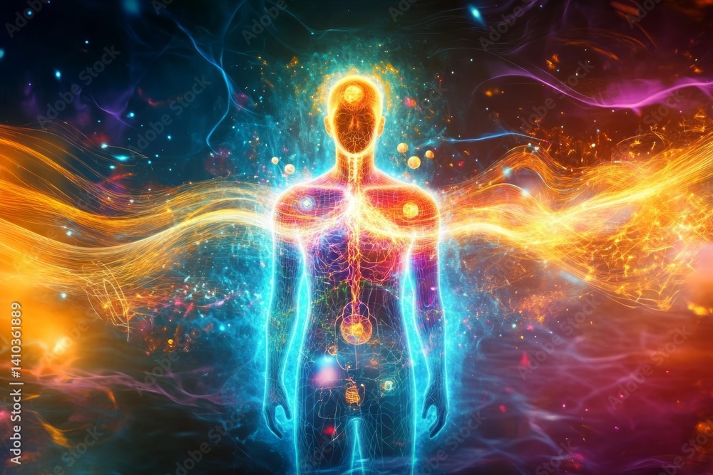 A digital artwork depicts a glowing, wireframe human figure with energy flowing from its core. Vibrant orange and blue hues dominate, set against a dark, cosmic background with swirling nebulae. A digital artwork depicts a glowing, wireframe human figure with energy flowing from its core. Vibrant orange and blue hues dominate, set against a dark, cosmic background with swirling nebulae.