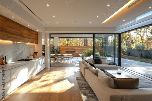 Modern interior with kitchen living room and patio with open glass doors.