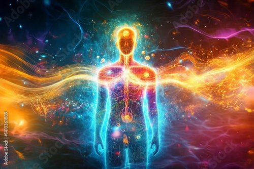A digital artwork depicts a glowing, wireframe human figure with energy flowing from its core. Vibrant orange and blue hues dominate, set against a dark, cosmic background with swirling nebulae.