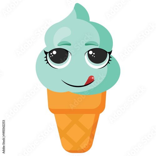 Mint green ice cream cone with happy face and tongue out, perfect for children’s projects, summer menu design, packaging, or playful food-related materials