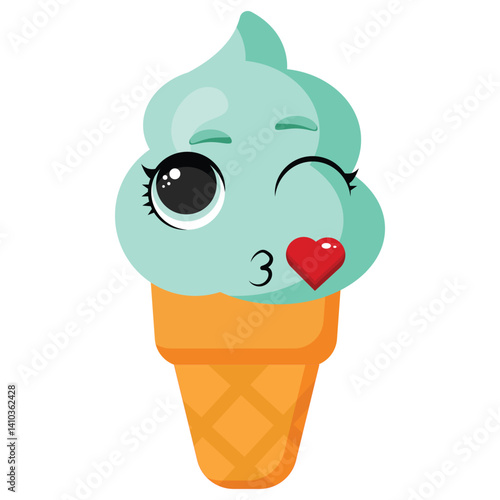 Mint ice cream cone with cute flirty expression and heart, ideal for food packaging, children’s content, greeting cards, playful posters or summer-themed materials