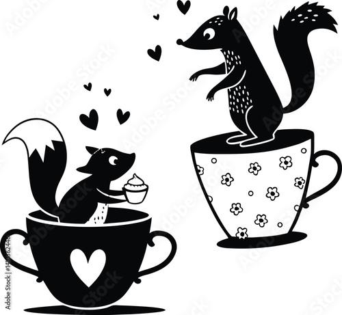 Hot coffee and tea vector illustration design features a cute cartoon cat with a mug, alongside a teapot and espresso cup, ideal for cafe breakfast icons