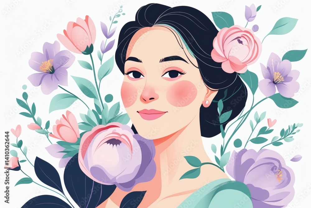 Beautiful woman with rosy cheeks surrounded by flowers - Mother's Day Vector Beautiful woman with rosy cheeks surrounded by flowers - Mother's Day Vector
