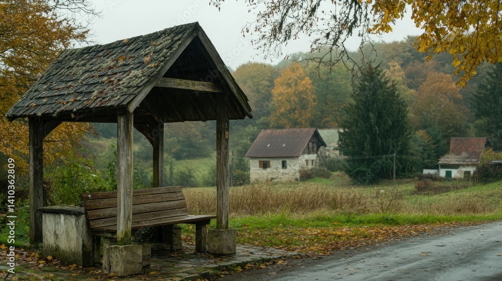 A rural wooden shelter with bench overlooking distant village homes A rural wooden shelter with bench overlooking distant village homes