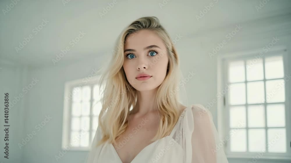 Surprised blonde woman staring wide-eyed in light studio with flowing sheer sleeves and a bright window for natural indoor lighting Surprised blonde woman staring wide-eyed in light studio with flowing sheer sleeves and a bright window for natural indoor lighting