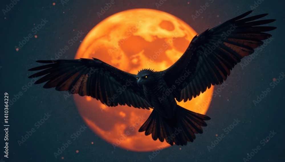 Obraz premium Dark winged creature flying against orange full moon, bats, halloween bats