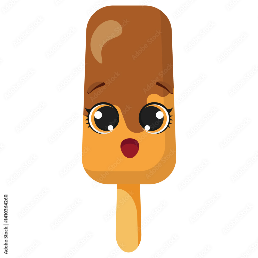 Obraz premium Surprised chocolate popsicle with big round eyes and open mouth, isolated on white background, ideal for food illustrations, kids character sets and emotional summer sticker packs