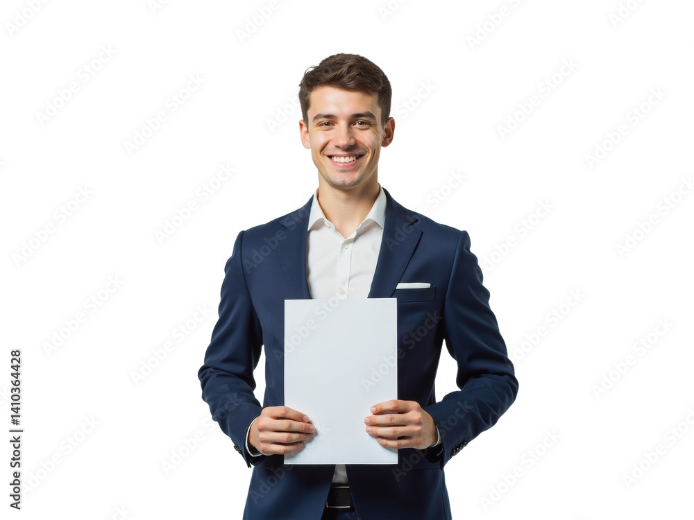 Business portrait isolated on white transparent background: A young man in a navy suit and white shirt confidently holds a blank white sheet of paper, smiling directly at the camera against a light Business portrait isolated on white transparent background: A young man in a navy suit and white shirt confidently holds a blank white sheet of paper, smiling directly at the camera against a light