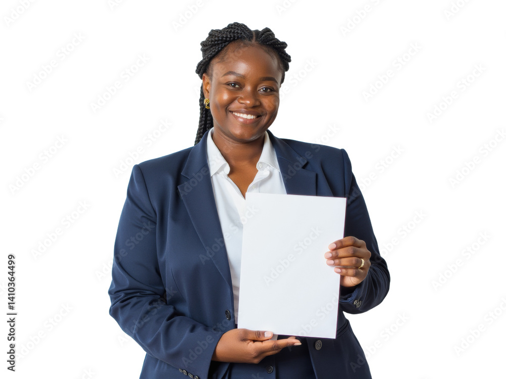 Business portrait isolated on white transparent background: A confident young Black woman in a navy blazer and white shirt holds a blank white paper, smiling directly at the camera against a plain w Business portrait isolated on white transparent background: A confident young Black woman in a navy blazer and white shirt holds a blank white paper, smiling directly at the camera against a plain w
