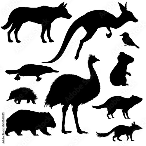 Set of Australian Animals Black Silhouette Illustrations