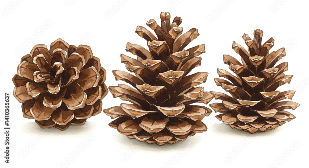 Watercolor Illustration of Three Pine Cones Watercolor Illustration of Three Pine Cones