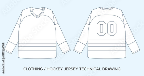 Hockey Sports Jersey Tee, Technical Drawing, Apparel Blueprint for Fashion Designers