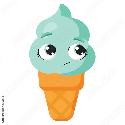 Green ice cream cone character with sad expression, perfect for children’s books, playful packaging, dessert-themed illustrations, or fun educational materials for kids