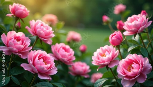 Fototapeta Naklejka Na Ścianę i Meble -  Vibrant mix of pink roses and peonies in a lush garden setting, delicate, garden, blossoms