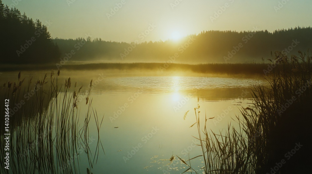 Golden sunrise illuminating a serene lake through morning mist and reeds Golden sunrise illuminating a serene lake through morning mist and reeds