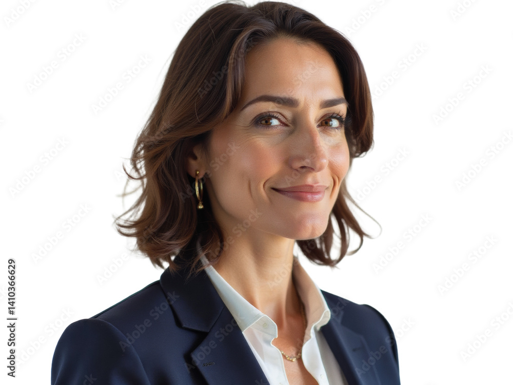 Business portrait isolated on white transparent background: A confident woman with dark hair and a warm smile gazes slightly off-camera while wearing a navy blue blazer over a white shirt. Business portrait isolated on white transparent background: A confident woman with dark hair and a warm smile gazes slightly off-camera while wearing a navy blue blazer over a white shirt.