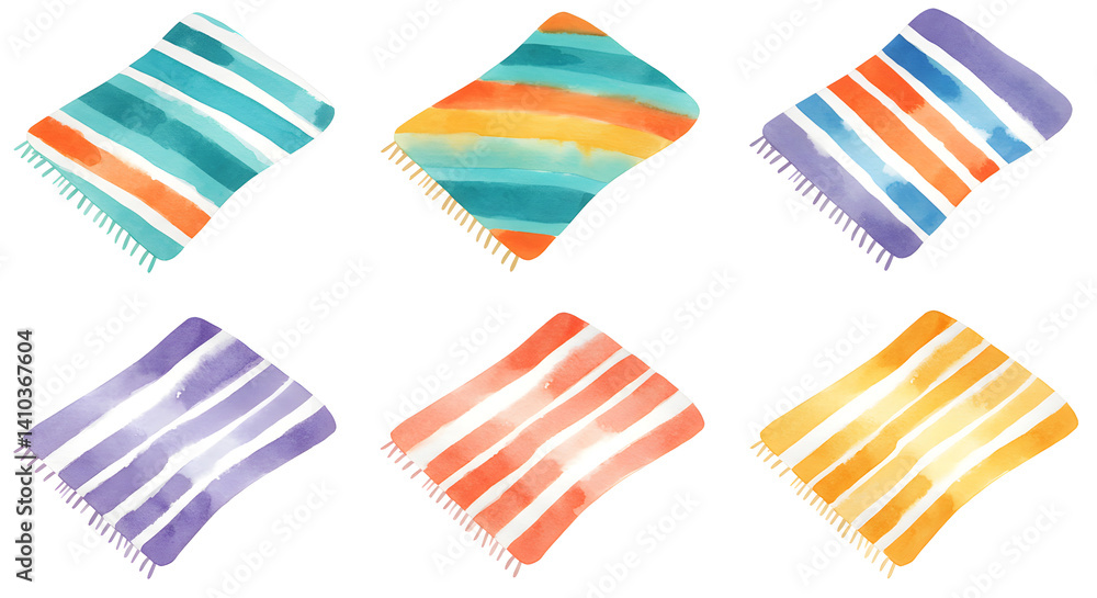 Watercolor Illustration of Six Striped Beach Towels, summer, beach Watercolor Illustration of Six Striped Beach Towels, summer, beach