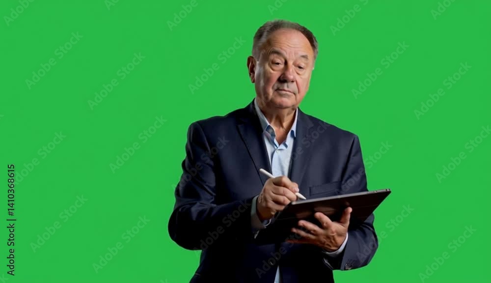 Writing on Tablet Green Screen Businessman in Suit Working Writing on Tablet Green Screen Businessman in Suit Working