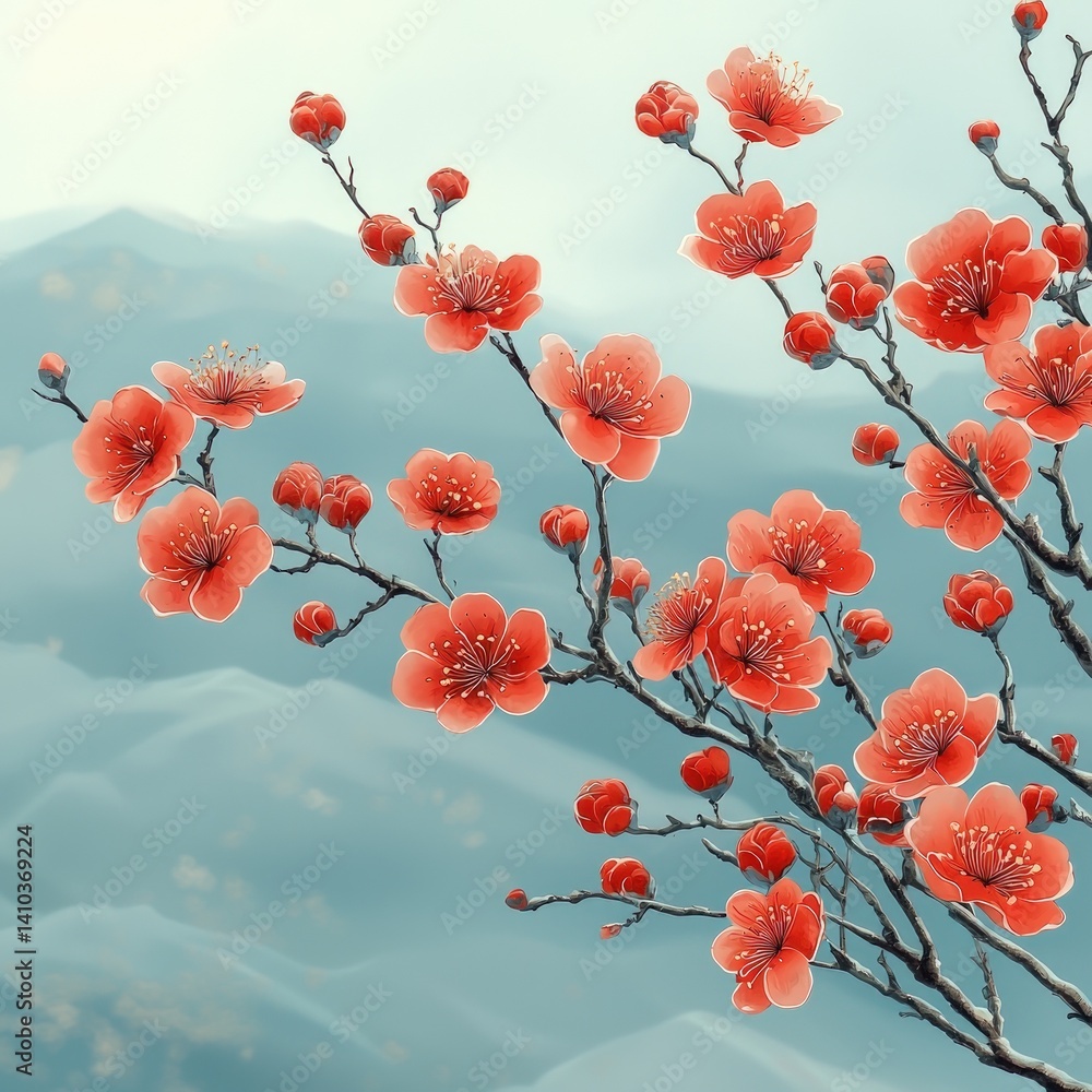 Obraz premium Branch with orange flowers against a blurred blue and white background.