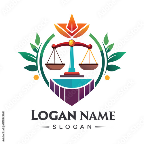 Colorful justice logo with balanced scales and floral design