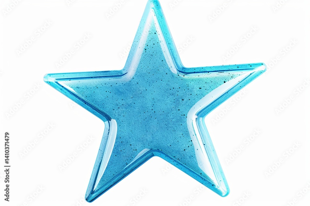 A vibrant, five-pointed star with a translucent light blue hue and subtle glitter effect against a stark white background