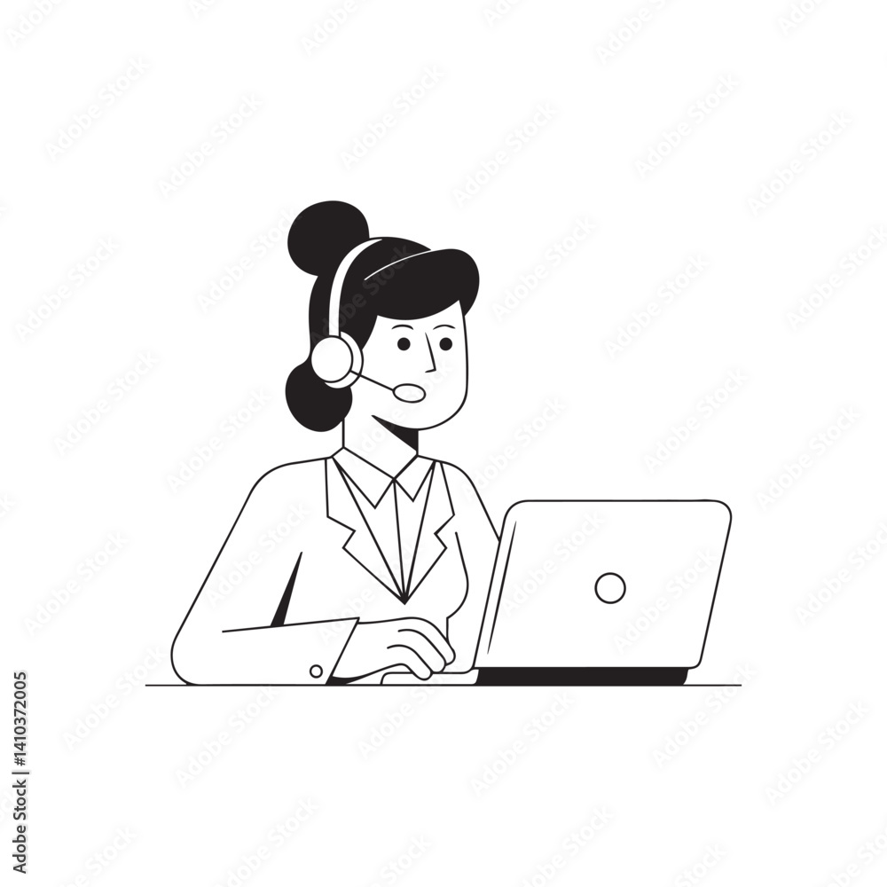 Minimalist Cartoon Customer Service Representative — Black and White Line Illustration Minimalist Cartoon Customer Service Representative — Black and White Line Illustration