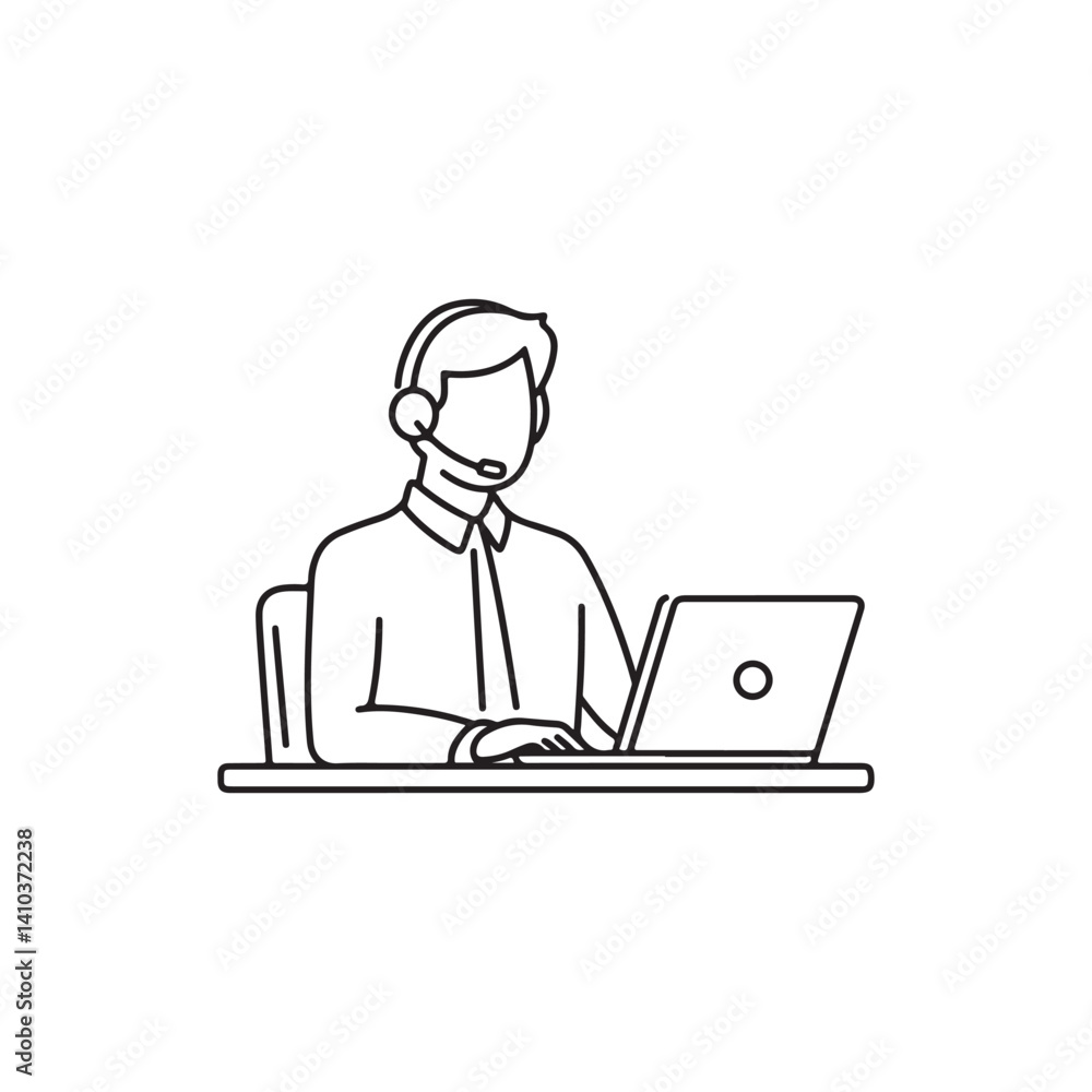 Minimalist Cartoon Customer Service Representative — Black and White Line Illustration Minimalist Cartoon Customer Service Representative — Black and White Line Illustration