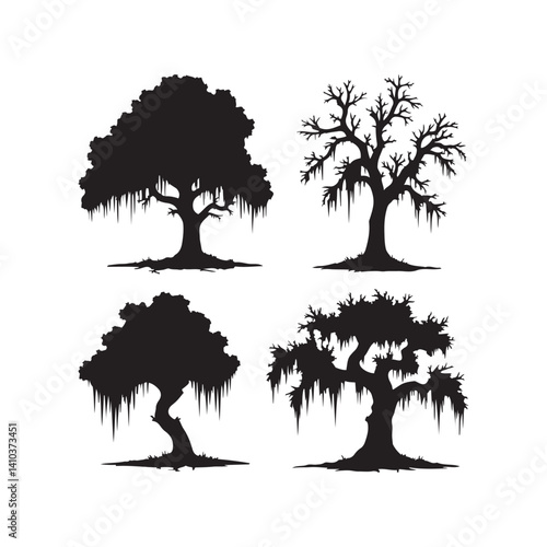 Silhouette Trees with Spanish Moss and Cypress — Minimalist Black and White Vector Illustration