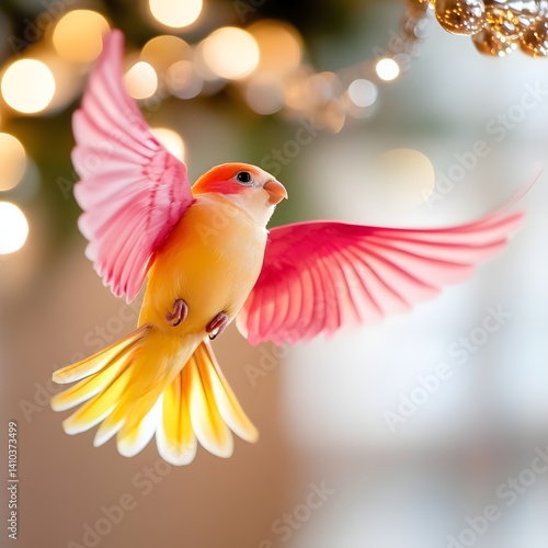 Colorful Bird in Flight with Delicate Wings Against a Soft Decorative Background