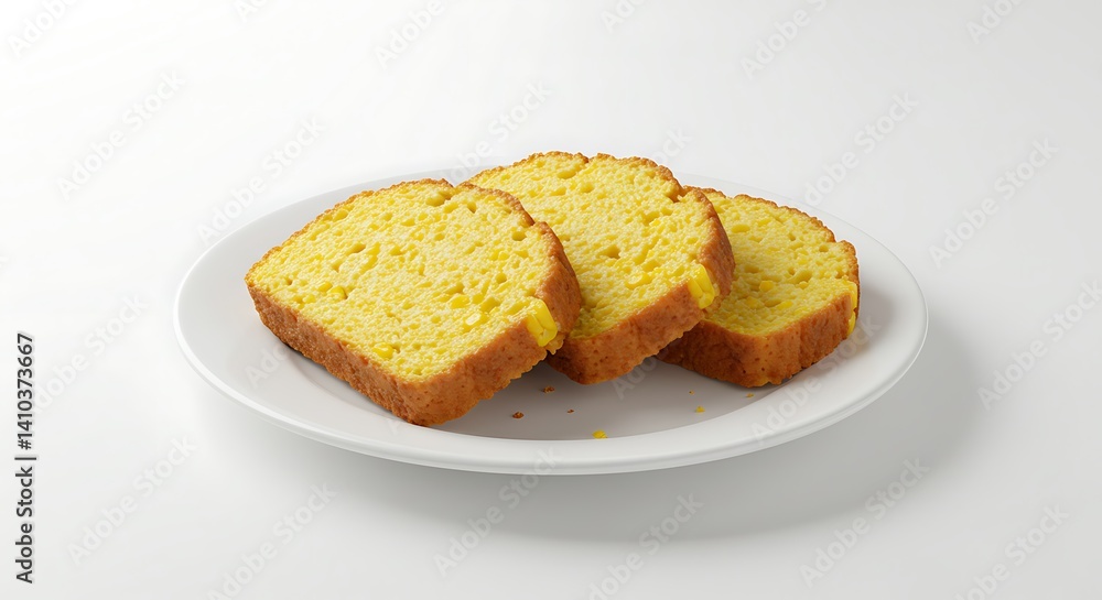 Small plate with sliced corn cake on a white background Small plate with sliced corn cake on a white background
