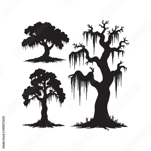 Silhouette Trees with Spanish Moss and Cypress — Minimalist Black and White Vector Illustration