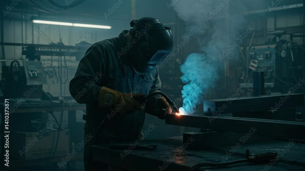Welding sparks fly in industrial setting: A master welder at work. Welding sparks fly in industrial setting: A master welder at work.