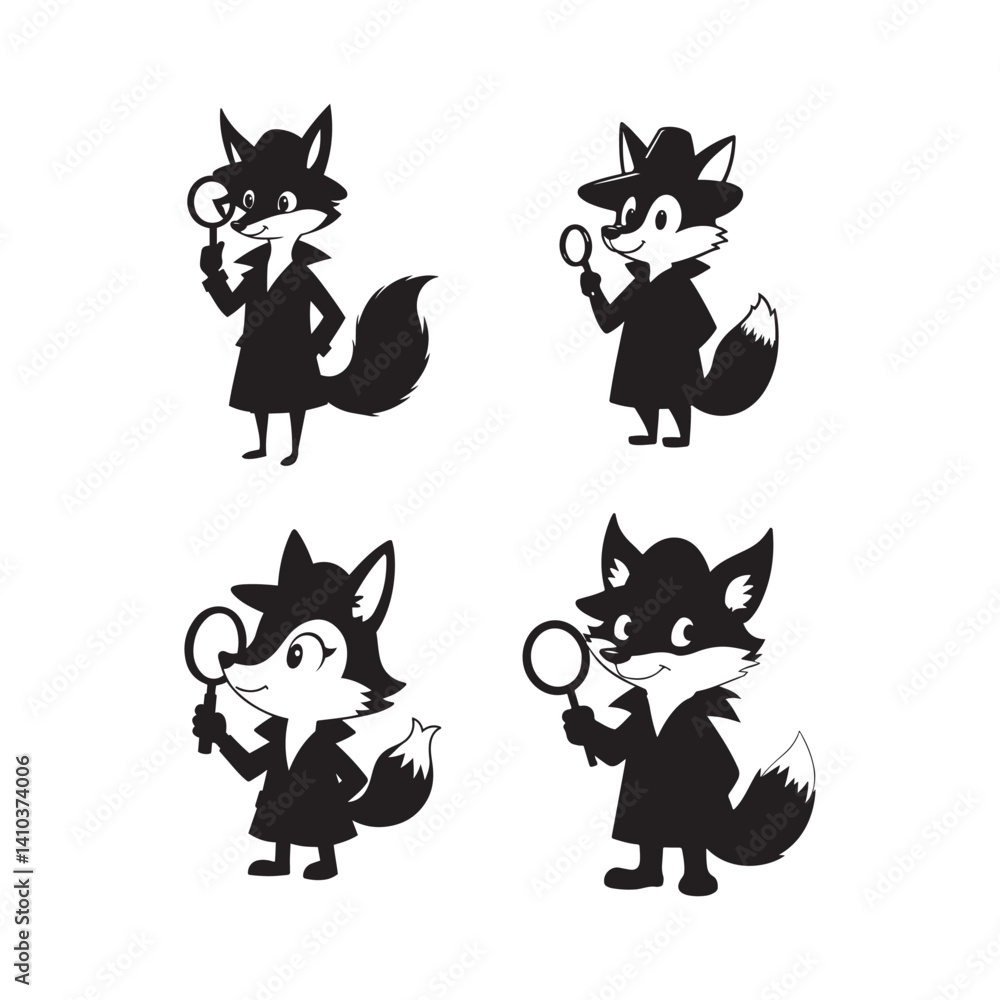 Fototapeta premium Cute Cartoon Fox Detectives — Black and White Chibi Style Detective Illustrations