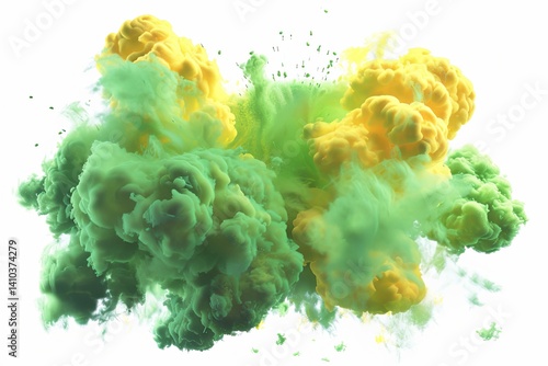 Colorful clouds Yellow & green smoke explosion against white background, creating a vibrant abstract design
