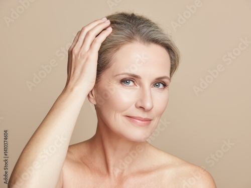Concerned Mature Woman with Hair Loss on Beige Background