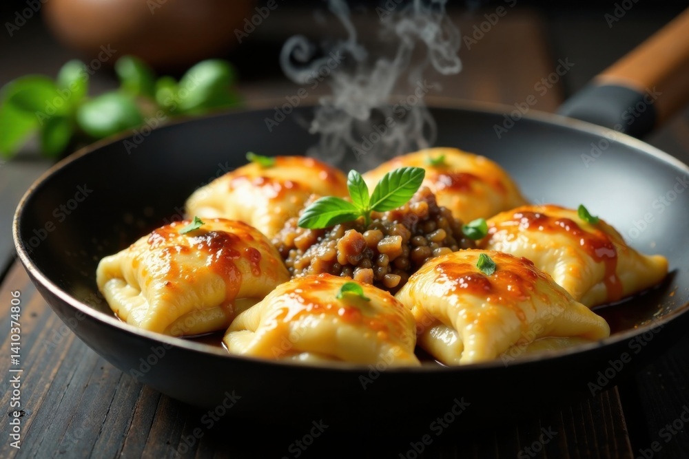Steaming maultaschen in a sizzling pan with caramelized onions and savory meat mixture, cooking, recipe, maultaschen Steaming maultaschen in a sizzling pan with caramelized onions and savory meat mixture, cooking, recipe, maultaschen