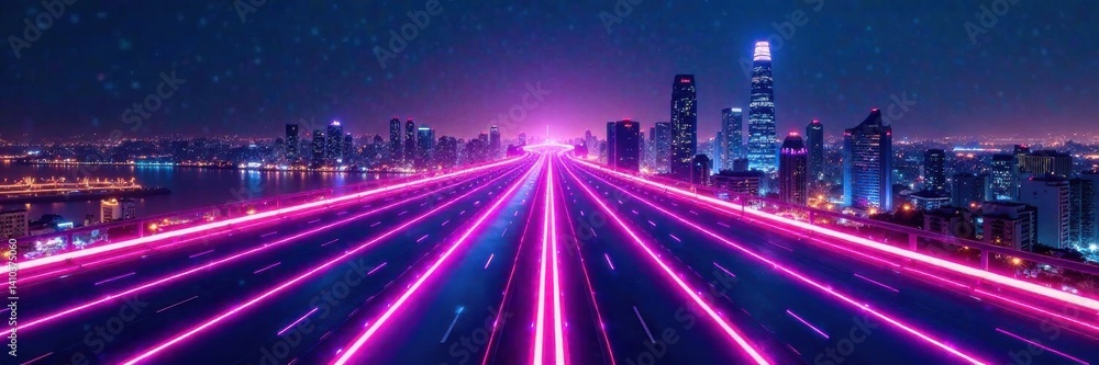 Fototapeta premium Futuristic cityscape with bright neon lights and wave-like lines , skyscrapers, dynamic, wave
