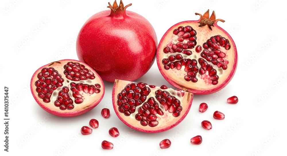 Pomegranates whole and halved with seeds scattered on a white surface. Pomegranates whole and halved with seeds scattered on a white surface.