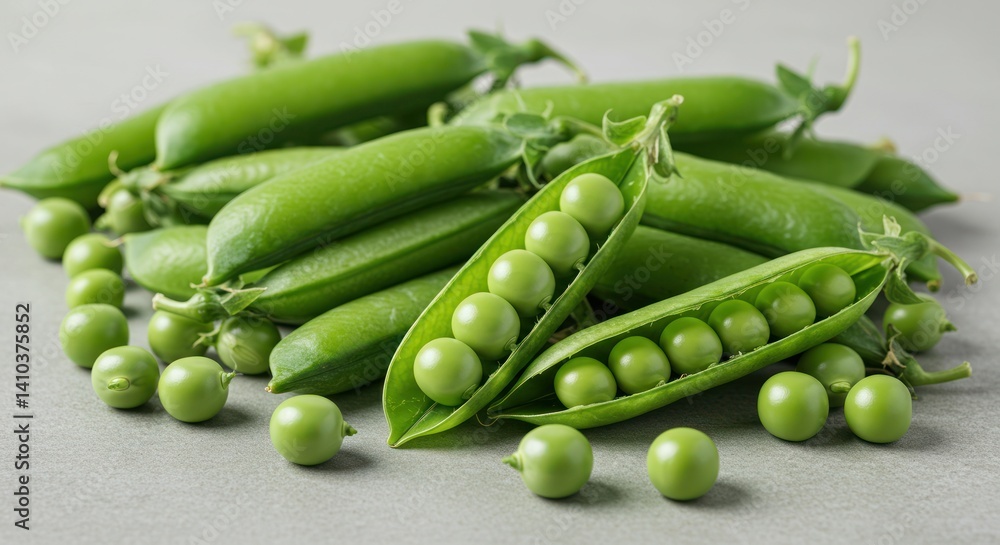 Pile of green peas some in pods on a light surface. Pile of green peas some in pods on a light surface.